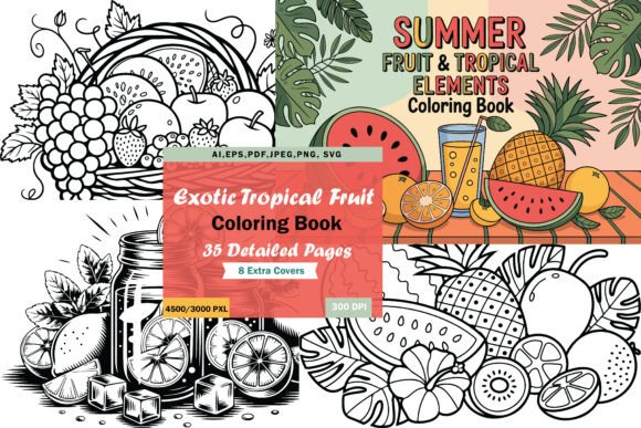35 Tropical Fruit Pages 8 Covers: Graphics & Coloring Pages Amp