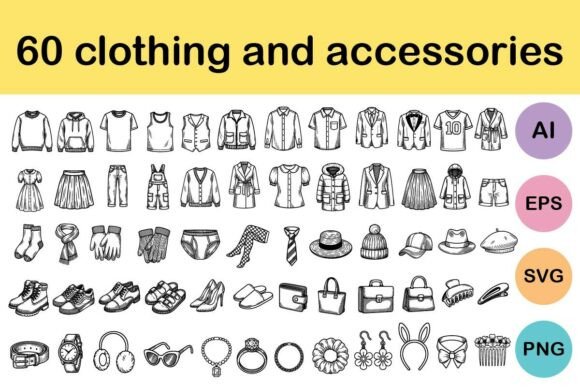 60 Clothing and Accessories Line Art Illustrations & Graphics