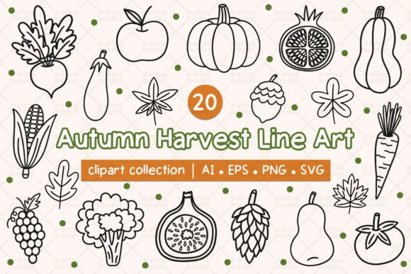 Autumn Harvest Line Art Clipart Set: Graphics & Illustrations