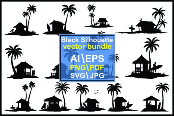 Beach Hut Palm Tree Black Silhouettes Graphics