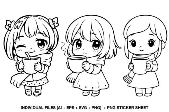 Chibi Girls with Hot Cocoa Stamps: Graphics for Cozy Crafts