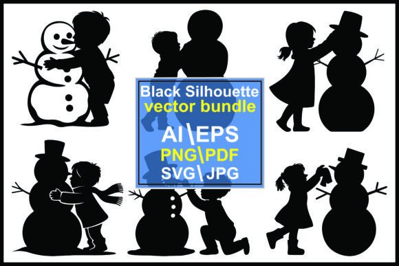 Children Building Hugging Snowmen Black Graphics