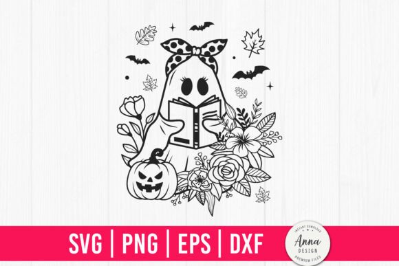 Cute Halloween Floral Ghost Reading Book Graphics