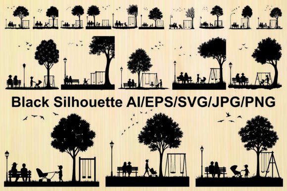 Family Silhouette Bench Graphics & Illustrations