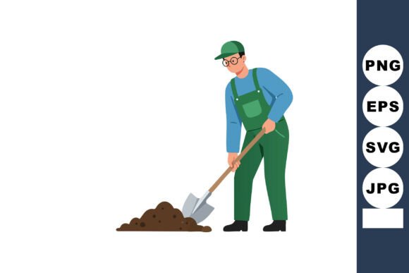 Gardener in Green Overalls Digging Soil Graphics