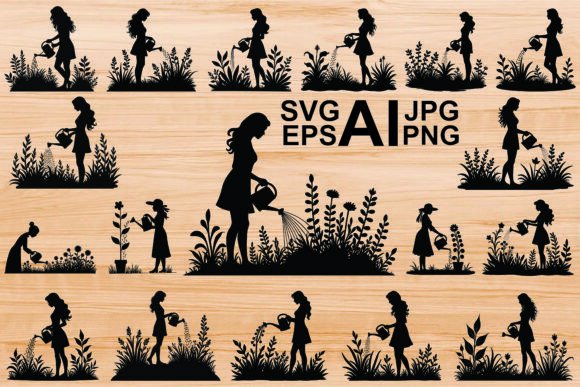 Silhouette Girl Watering a Plant Vector: Graphics & Illustrations