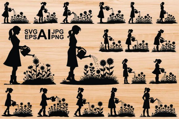 Silhouette Girl Watering Plants Graphics & Illustrations