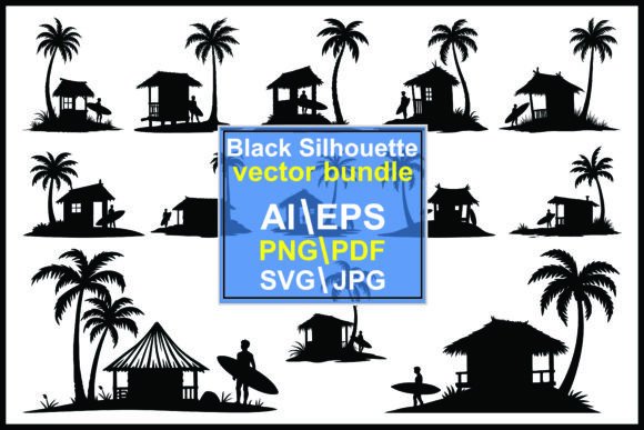 Silhouette Hut Palm Trees Surfers Man Graphics