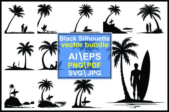 Silhouette Palm Tree Surfing Man Beach Graphics