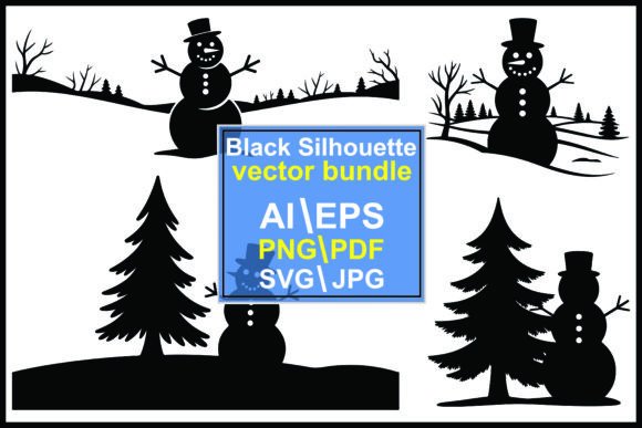 Silhouette Snowmen and Pine Trees Winter Graphics