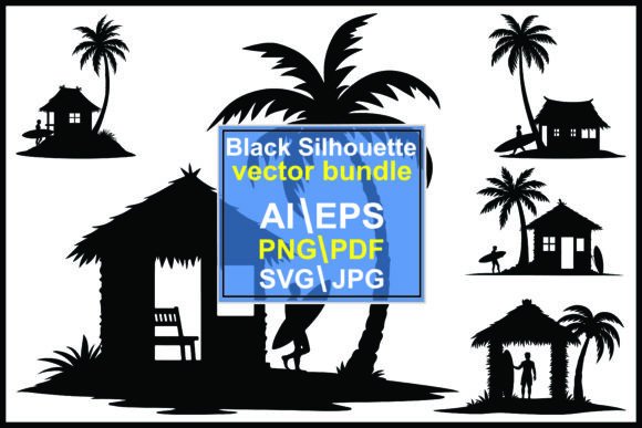 Silhouettes of Beach Huts and Palm Tree: Graphics & Illustrations