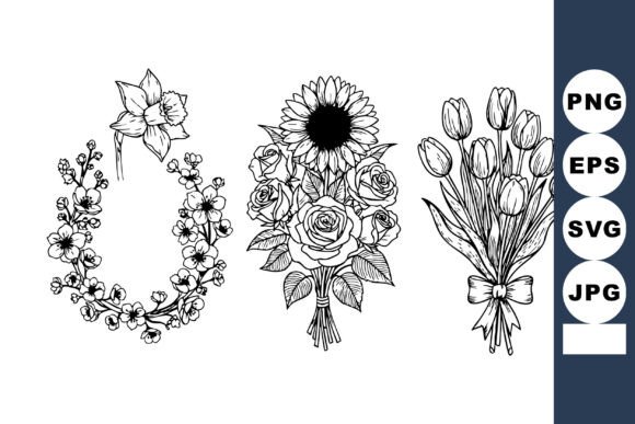 Sunflower Roses Line Art Bouquet: Graphics for Crafts